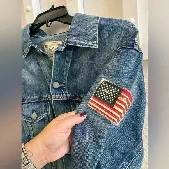 Polo Ralph Lauren Denim Jacket With American Flag Arm Patch Size Small - Picture 3 of 4